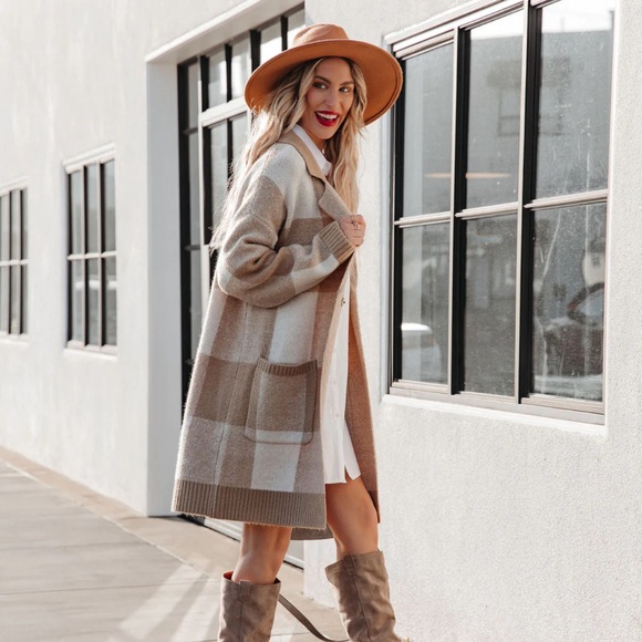 NEW Vici Woodrow Pocketed Checkered Knit Coatigan - Taupe - Picture 4 of 10